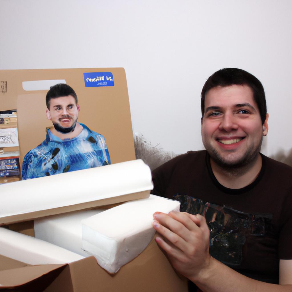 Person holding packaging materials, smiling